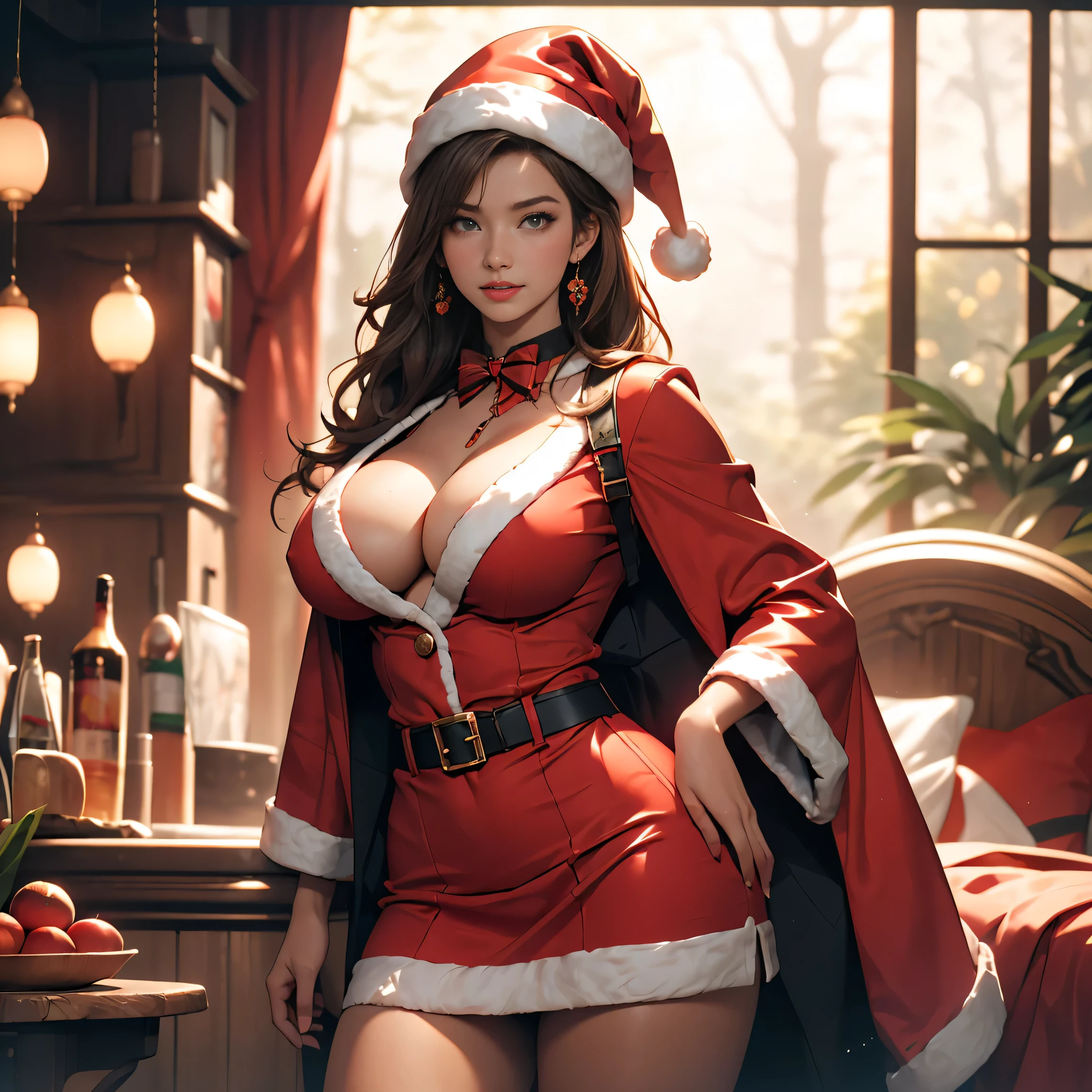(masterpiece:1.0), (best_quality:1.2), (dark shot:1.3), Pretty Caucasian (female), Sarah Shahi, short red messy hair, ((bright black lipstick)), ((seductidevil smile)) ((big bright red eyes looking towards the viewer)) ((big breasts:1.6)) ((slender body:1.3)) ((Santa Claus Costume, ((large cleavage))、micro miniskirt((very very very micro miniskirt exposing full length thigh))、red santa cap、((beautiful exposed long thighs))、)):1.0、(Full body shot:1.4)、1 girl, Only 1 girl, light source from front, (realism: 1.5), (Realistic: 1.4), (Absurdity:1.4), 8k, ultra-detailed, Detailed Beautiful Woman, official art, extremely detailed CG unity 8k wallpaper, perfect lighting, Colorful, ultra high res, photography, 8K, HDR, Kodak 35mm portra 400, film grain, blurry background, (bokeh:1.2), (vibrant_color:1.2), film grain:1.2, (warm hue, warm tone:1.2), (color photo), professional photograph, view from bottom, full thighs visible,