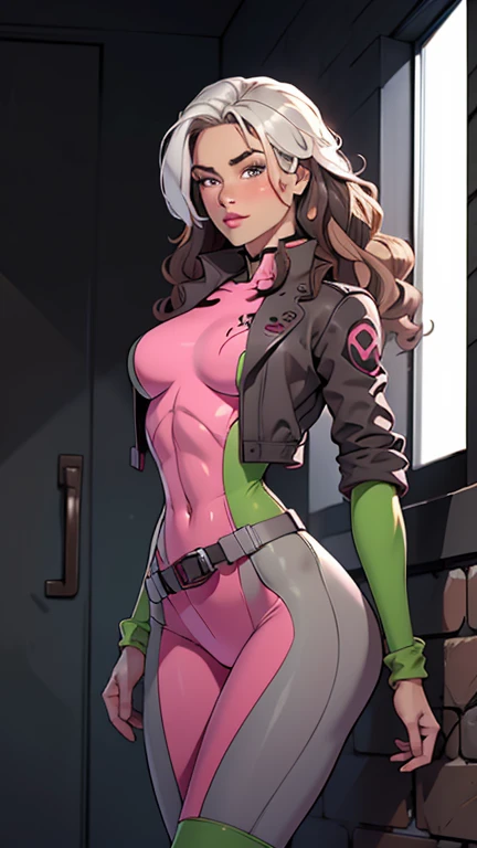 supermodel physique, perfect body, perfect clear skin, ultrarealistic, hyperrealism, photorealistic, ultra quality, masterpiece, high quality, beautiful, sexy face, pretty, slightly toned, fit, supermodel build, 3/4 body view, sexy waist, sexy hips, perfect legs, thigh gap, rogue, 1girl, solo, blush, wavy hair, multi colored hair, pink and grey top, pink and grey bottom, dynamic angle, high quality eyes, beautiful eyes