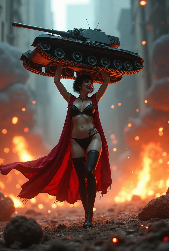Beautiful and sexy undead vampire gothic girl with short dark hair and blue eyes, Big big butts, super muscular , Super strong and huge short red cape lingerie , Waders, A BBW in stockings lifts a giant tank over her head laughing as explosive grenades are fired at her, all of which explode, hitting her steel body and the bullets bounce off her body, crushed and melted. Her body is hidden by the explosions and fire, yellow laser beams continue to be fired at her and are seen bouncing off her invulnerable body.