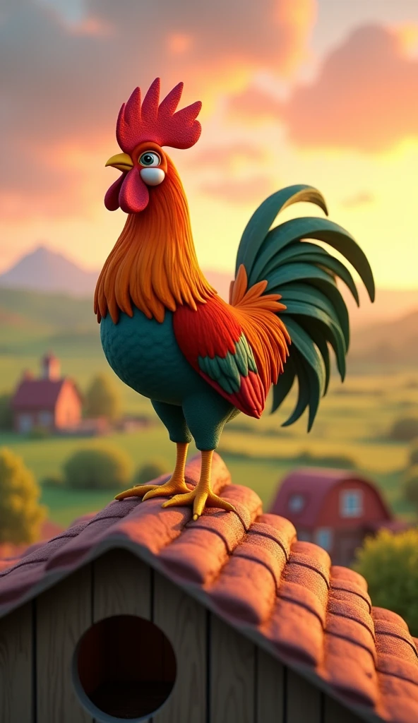 Draw a rooster with orange and green plumage on the roof of a large farm barn. The farm should be picturesque and detailed, with green fields and a sunrise sky with soft orange and pink tones, in a 3D animated style.