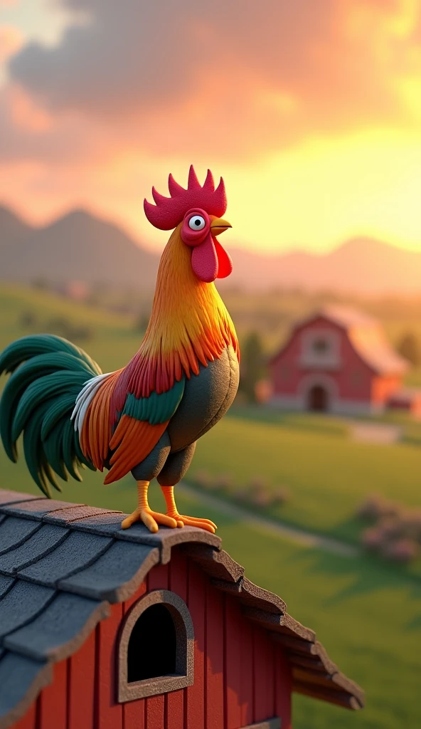 Draw a rooster with orange and green plumage on the roof of a large farm barn. The farm should be picturesque and detailed, with green fields and a sunrise sky with soft orange and pink tones, in a 3D animated style.