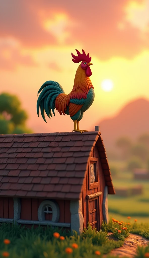 Draw a rooster with orange and green plumage on the roof of a large farm barn. The farm should be picturesque and detailed, with green fields and a sunrise sky with soft orange and pink tones, in a 3D animated style.