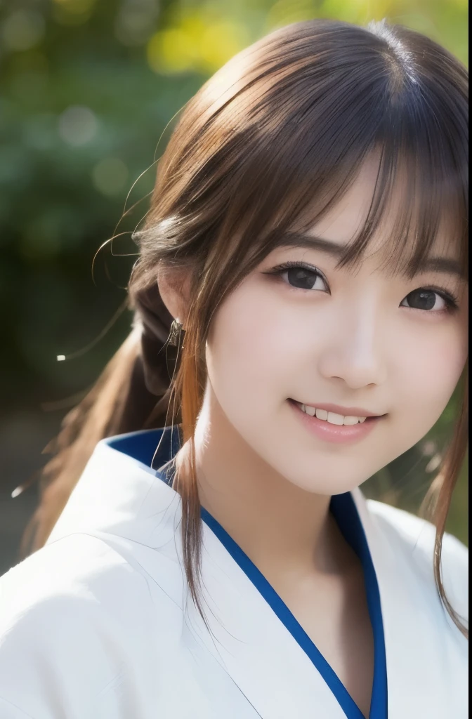 best quality, face focus, soft light, ultra high res, (photorealistic:1.4), RAW photo, (fair skin), (kawaii),
1 Japanese girl, solo, cute, smile, (pupil, lights in the eyes), detailed beautiful face, Medium-sized breasts,(high resolution detail of human skin texture),(portrait), beautiful girl, upper body, traditional white kimono, pony