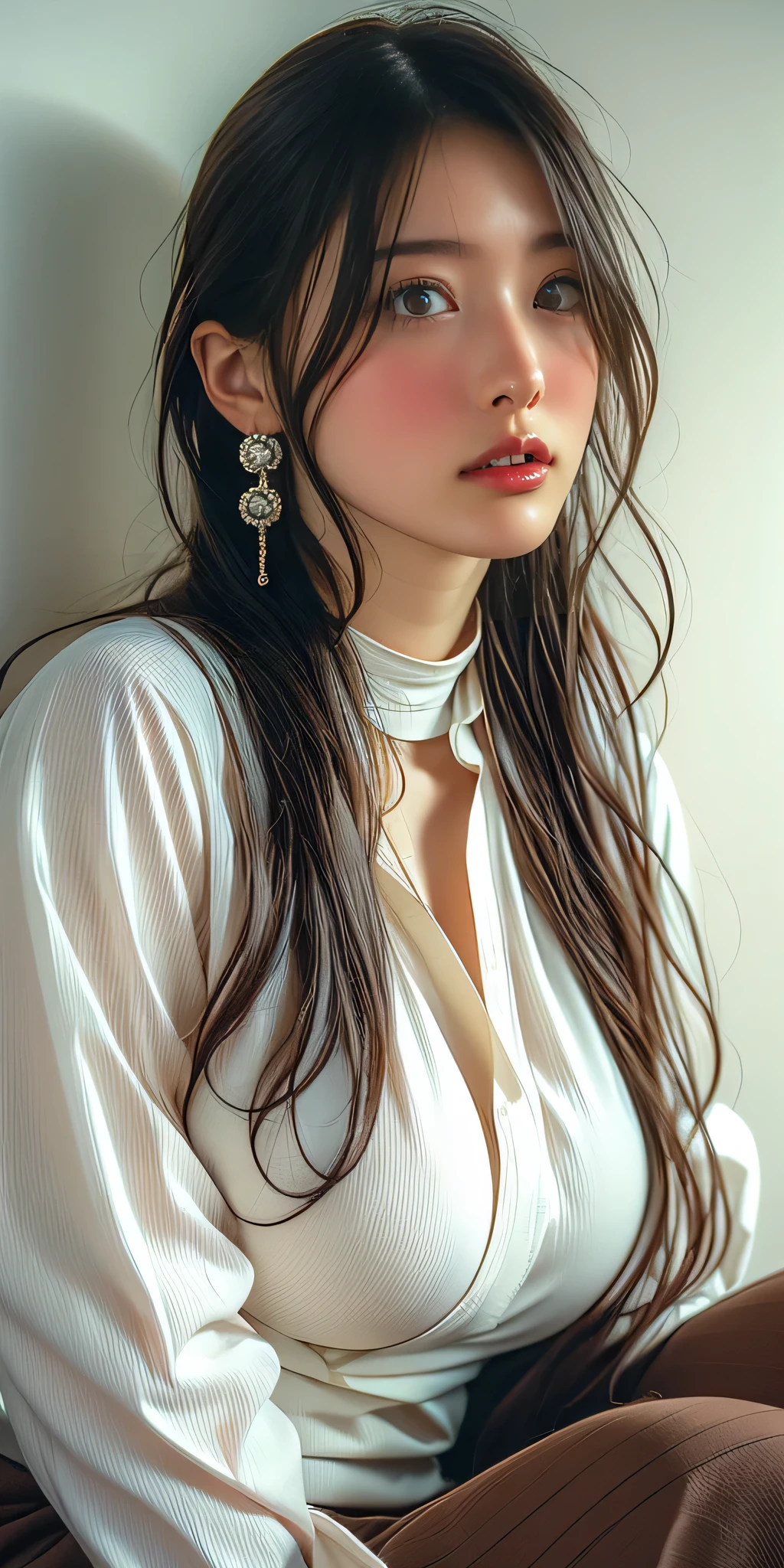 Japanese woman in her 20s, Not wearing a skirt,Wearing only pantyhose, White wall, ((Highest quality)), ((Intricate details)), ((Surreal)), Mature Woman, Mature Woman, perspective, Very detailed, shape, 1 girl,(Very lewd face and big boobs), open neck suit,Perfect hands, Finger details, Beautiful and detailed, Long Hair, Brown eyes, chief executive officer(chief executive officer(chief executive officer(chief executive officer(chief executive officer(CEO))), Black choker, Round earrings, stockings, Detailed Background, Perfect Eyes, Captivating eyes, Looking at the audience,Black Hair,Random Hairstyles