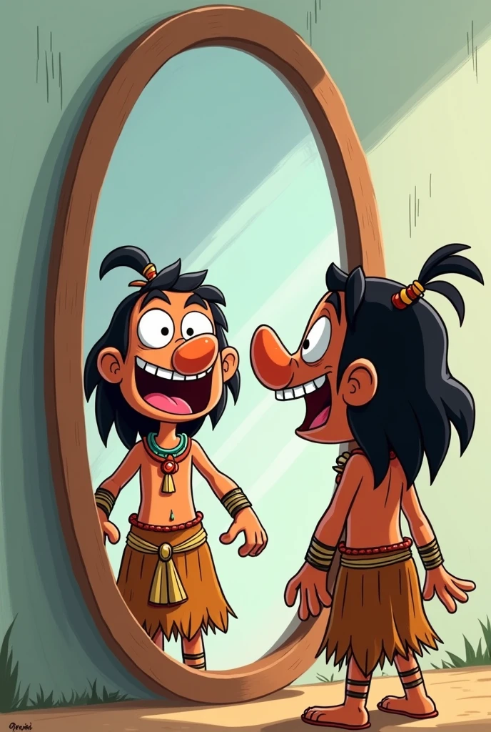 Cartoon of a tribal Indian with funny face looking in the mirror 

