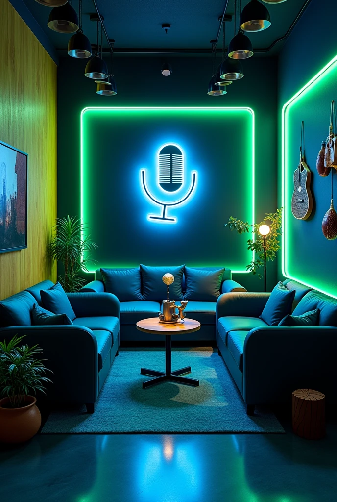 podcast in navy blue and neon green, with 2 padded chairs facing each other and 1 sofa in the back with a table in the middle with microphones. Sports wall decor with sports ornaments