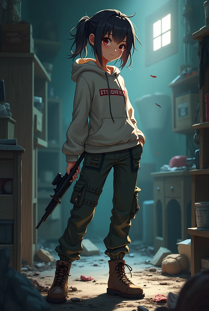 Anime girl with cute body dressed as if she was in a zombie apocalypse in a room 
