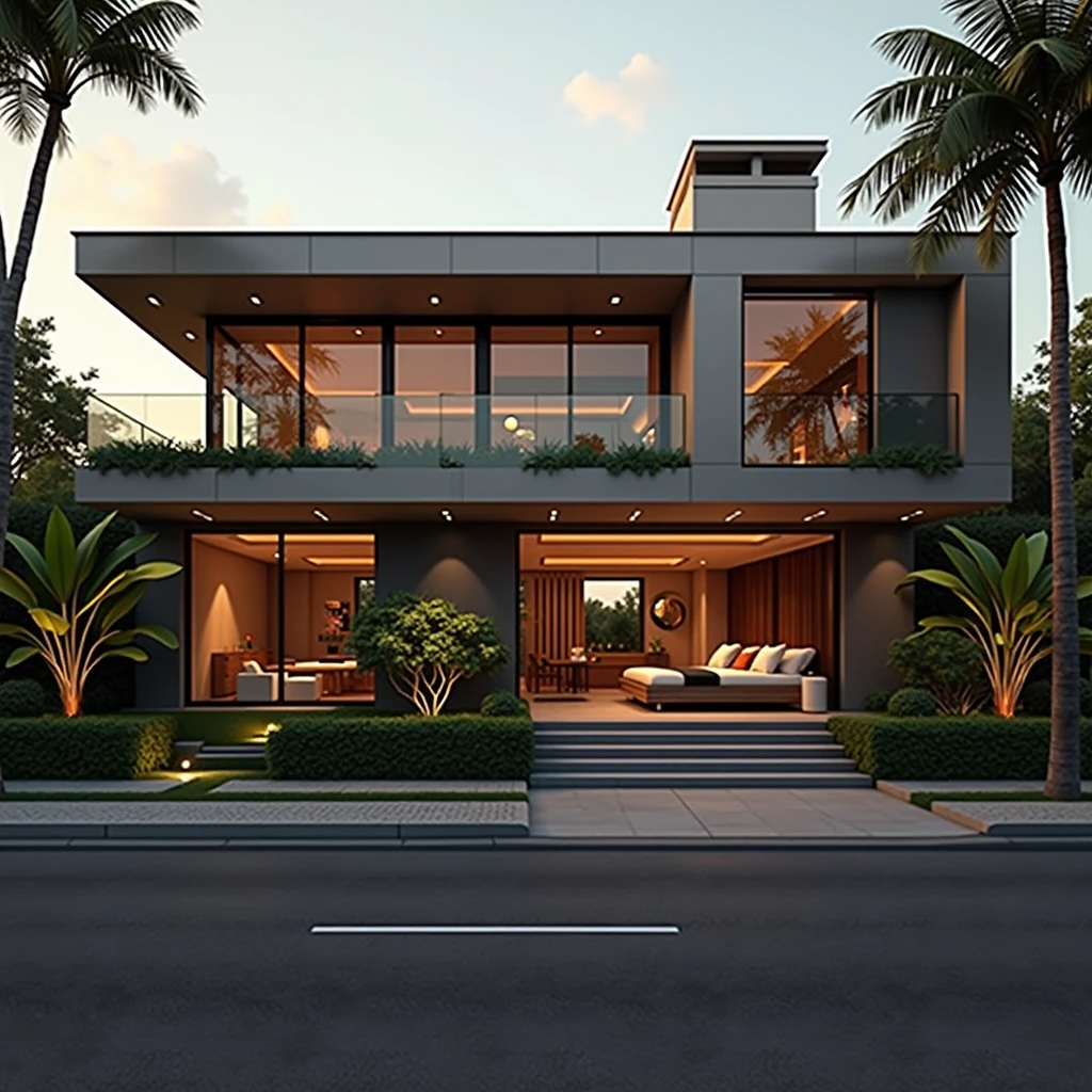 modern villa on the street, (day light), arbre tropical, shrub and green plants, Couleur vive, paysages de rue, Conception minimaliste, shiny gray tone, Large glass door, Warm interior lighting, modern equipment, best quality, ultra realistic, head of'artwork, 17archiai_xl_VL-v1