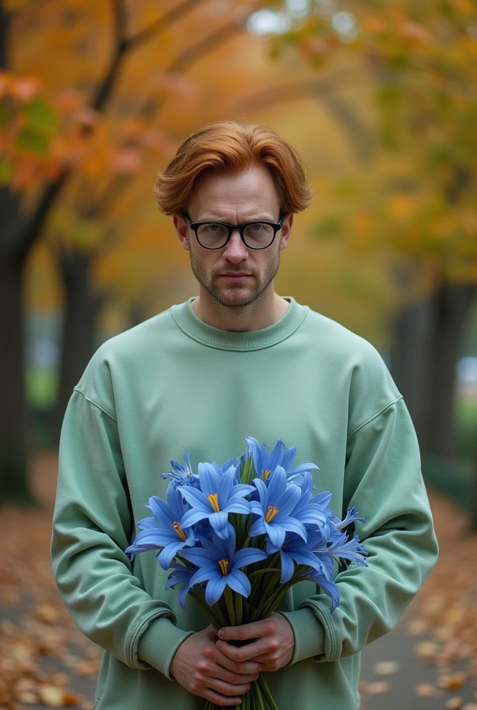 Create a realistic image of a white man with a mean but tender face, with reddish and wavy hair, with glasses and pale green sweatshirt, holding a bouquet of blue lilies, with a background of a park in autumn, with no one around