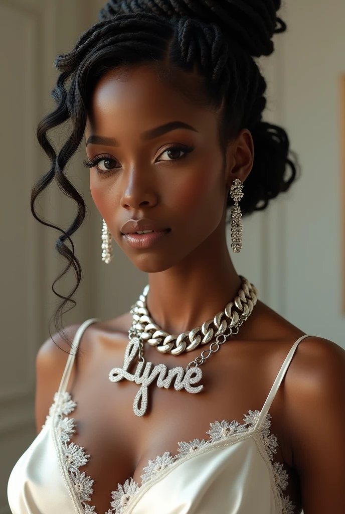 (photorealism:1.2), A realistic beautiful black woman, wearing a wedding dress, with a iced out chain with the words on it LYNNE