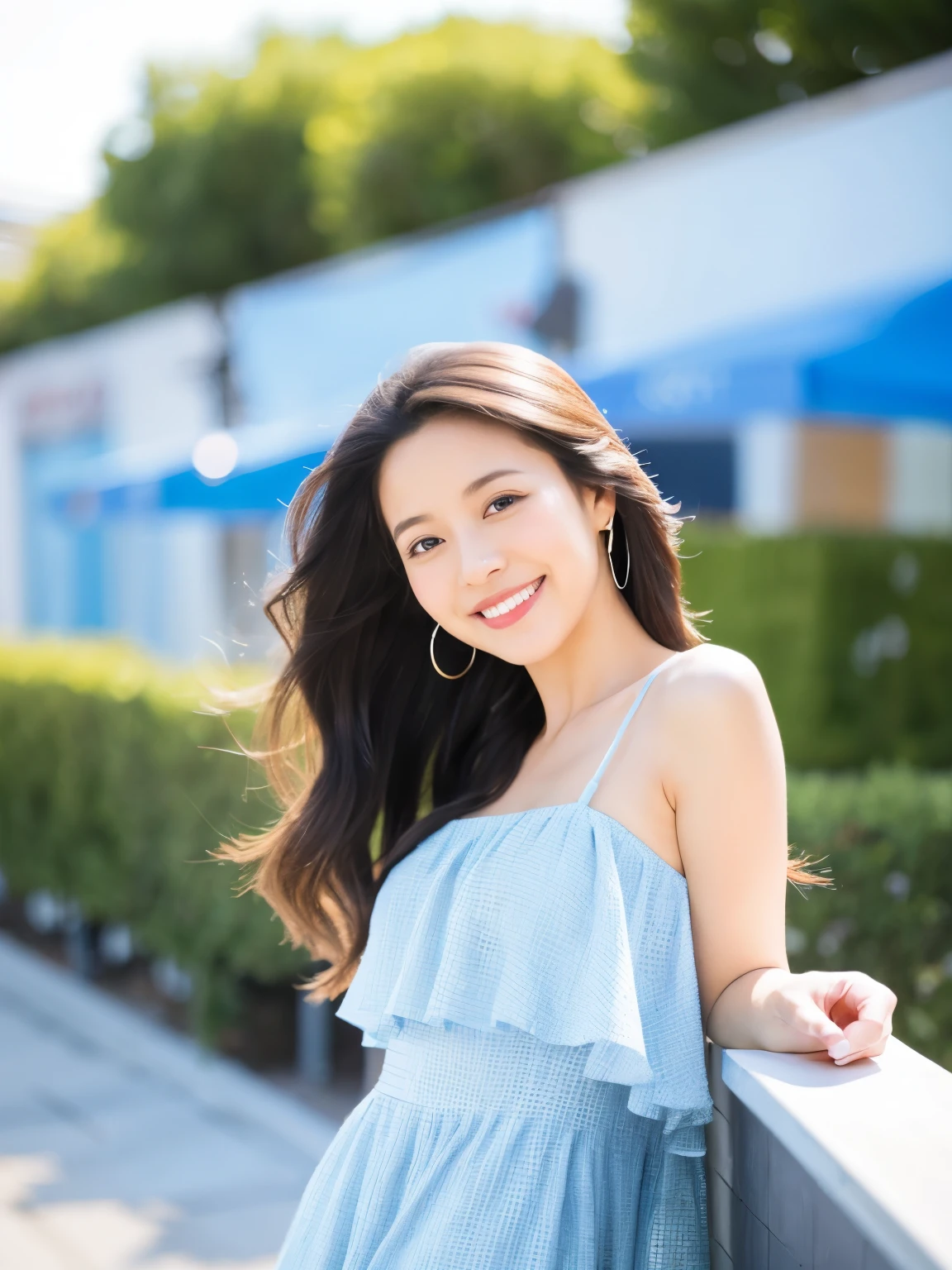 arafed woman leaning against a wall with a smile on her face, in front of white back drop, photoshoot portrait, portrait photo of a backdrop, light blue dress portrait, mid shot portrait, pokimane, taken with canon eos 5 d mark iv, a young asian woman, head and shoulders photography, photoshoot, cindy avelino, 60mm portrait, Random body orientation,