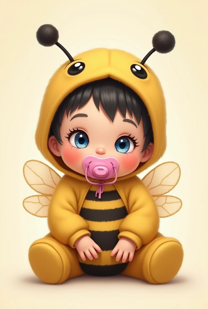  sitting in bee clothes with pink pacifier, Whole body, blue eyes, dark hair and little in drawing 