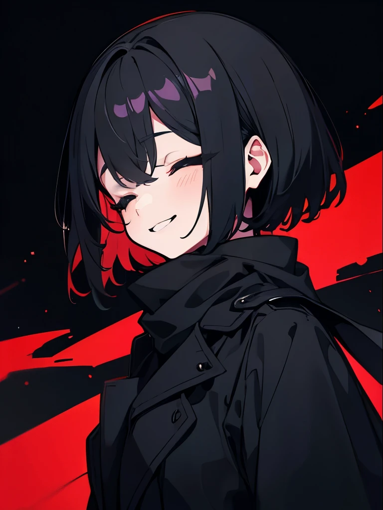 (One Girl), Black Hair, (Close ~ eyes) Chiban, Wear a black trench coat, Black scarf, Bloody, short hair, (Wicked Smile), Upper Body, front, Dark Background