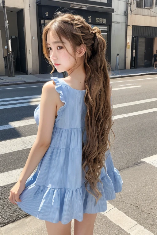 (((masterpiece))), ((photo realistic:1.55)), full body, Japanese girl,,((broad jawline)),puffy face, twin braids, light brown hair,(((messy hair))),Tiered mini dress, tearful face, street