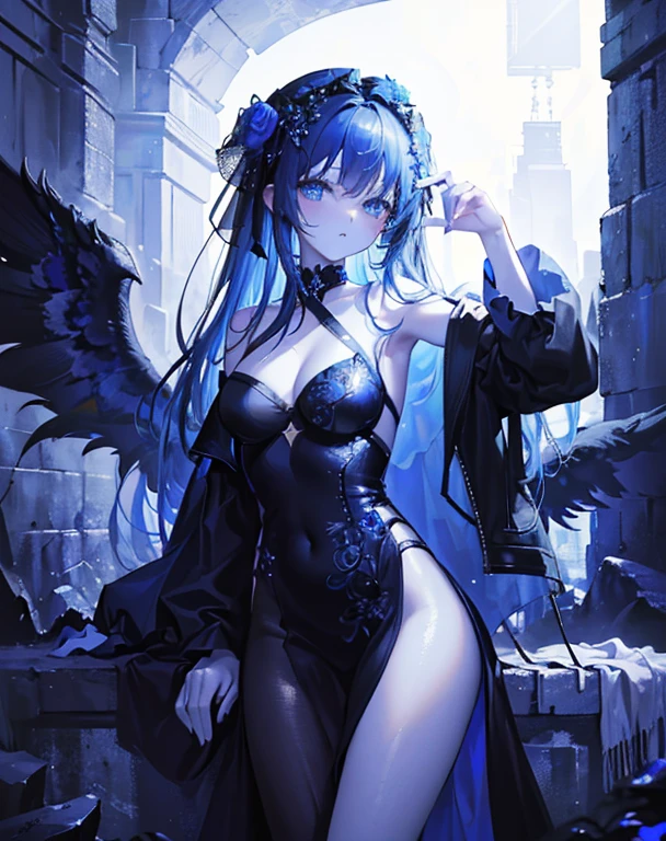 (masterpiece, Highest quality), One girl, alone, Absurd,((Masterpiece, 4K, 8k, High resolution)),Spectacular views,alone(dead angel(black-blue ,beautiful,Mysterious,Complex,detailed,Dark look)),She's killing it with black water,Colorful Refraction,Surreal,Complex,blue sky,Dynamic Angle, Gray Hair,
