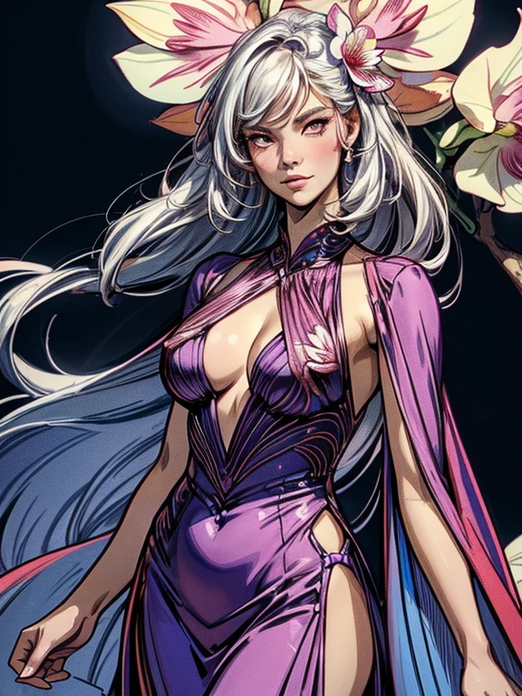 (CG 8k wallpaper extremely detailed, masterpiece, best quality, ultra-detailed), (better lighting, better shadow, extremely delicate and beautiful), floating, high saturation, dynamic angle, ((1girl)), gorgeous, ningguang(orchid evening dress) white hair, red eyes, very long hair, hair ornament, bangs