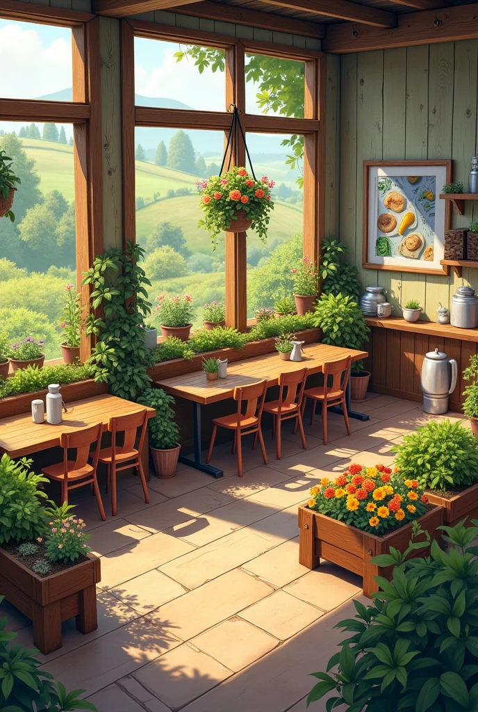 Happy Farm Cafe with a vegetable garden, chairs and a place for children.