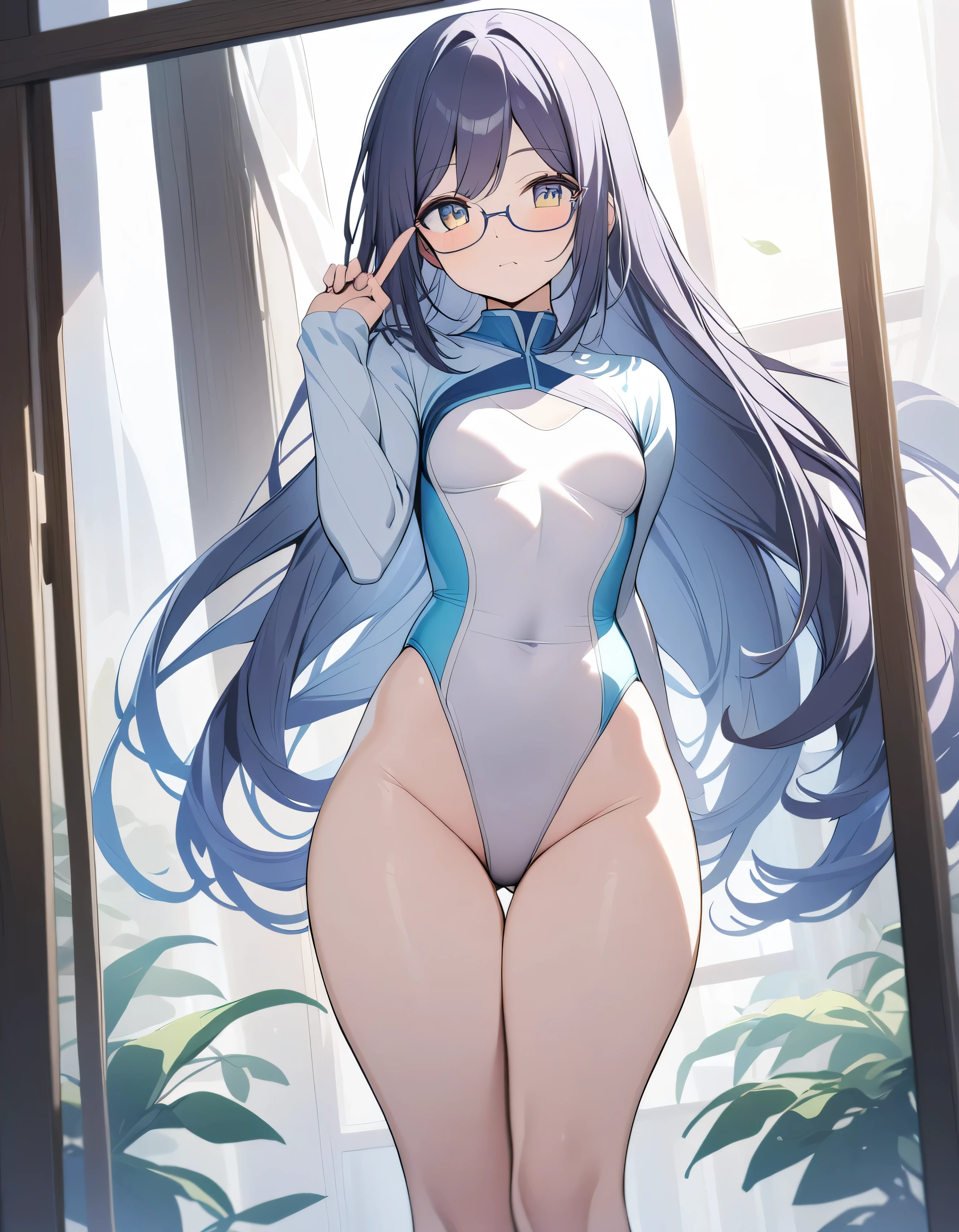 Create an anime-Style illuStration of a 1８-year-old girl named Shizuka. She haS long, Straight, blue hair with bangS cut Straight acroSS her forehead. She haS large, almond-Shaped Silver-blue eyeS and porcelain-like white Skin. Shizuka often wearS glaSSeS.Expressive eyes, one person, Pale skin, Long Hair, Windblown Hair, ((abSurdly Long Hair)), ,((Gymnastics leotard,tight-fitting leotard,length Leotard with sleeves,length_Leotard with sleeves,expensive_Leg leotard,athletic leotard,Glossy white leotard、,Rainbow white gradient leotard)), Back view、School,Gym,Gymnastics Club,(masterpiece, Highest quality:1.2), expensivereS, Very detailed CG Unity 8k wallpaper, Perfect lighting, colorful, ultra-expensive reS,4K,Very detailed, photograph, 8k, High resolution, S,Cowboy Shot,Big 、Thick thighs、Pay attention to the butt thighs are exposed、Turn around and look at me from behind、Stick your butt oute、((Low - Angle)