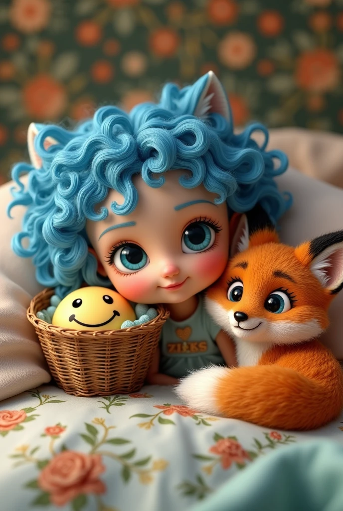 Baby girl with blue curly hair and blue eyes.
Next to an old basket, there is a smiley face inside.
 The orange fox is beautiful.
in a beautiful bed
style 3D