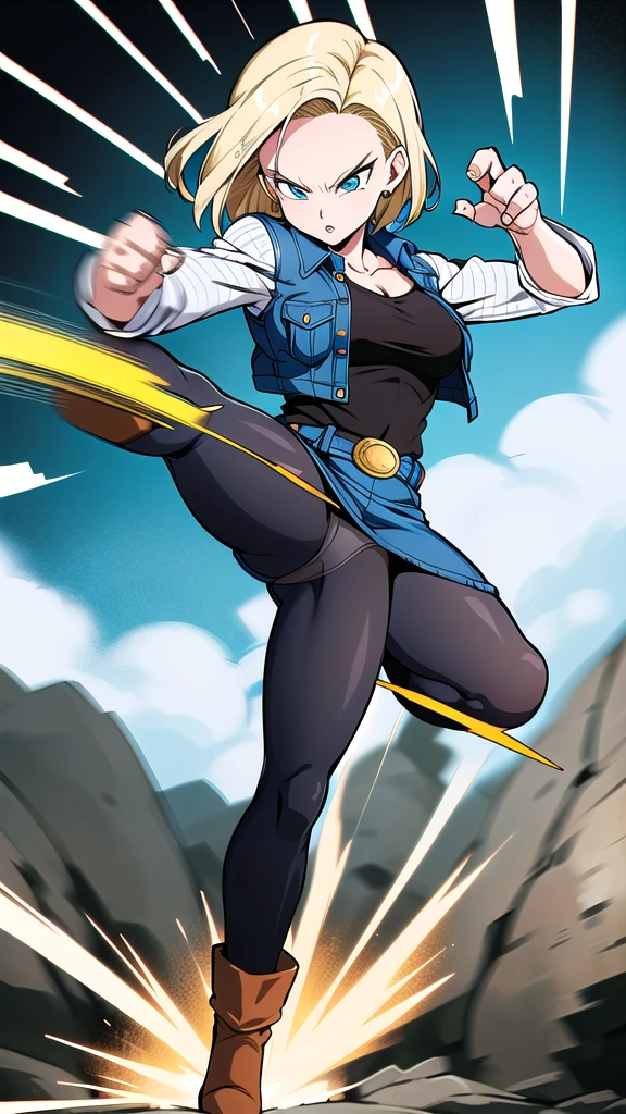 android 18,
short hair,blue eyes,blonde hair,collarbone, Medium Breasts,
black shirt,denim jacket,vest,striped sleeves,belt,denim skirt,black pantyhose,brown boots,
wind,sky,rock,nature,
fighting_stance,
solo,(high kick:1.4),(motion blur:1.3),(speed line:1.3),