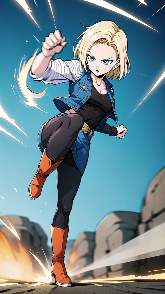 android 18,
short hair,blue eyes,blonde hair,collarbone, Medium Breasts,
black shirt,denim jacket,vest,striped sleeves,belt,denim skirt,black pantyhose,brown boots,
wind,sky,rock,nature,
fighting_stance,
solo,(high kick:1.4),(motion blur:1.3),(speed line:1.3),