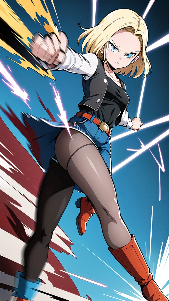 android 18,
short hair,blue eyes,blonde hair,collarbone, Medium Breasts,
black shirt,denim jacket,vest,striped sleeves,belt,denim skirt,black pantyhose,brown boots,
wind,sky,rock,nature,
fighting_stance,
solo,(high kick:1.4),(motion blur:1.3),(speed line:1.3),