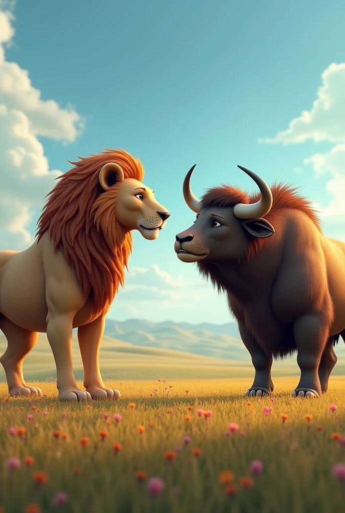 Lion talks to bull