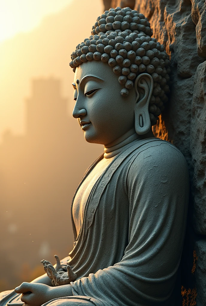 Buddhist statue, stone, texture, expensive, Majestic, The background is illuminated by sunlight.,Inverted Image,side