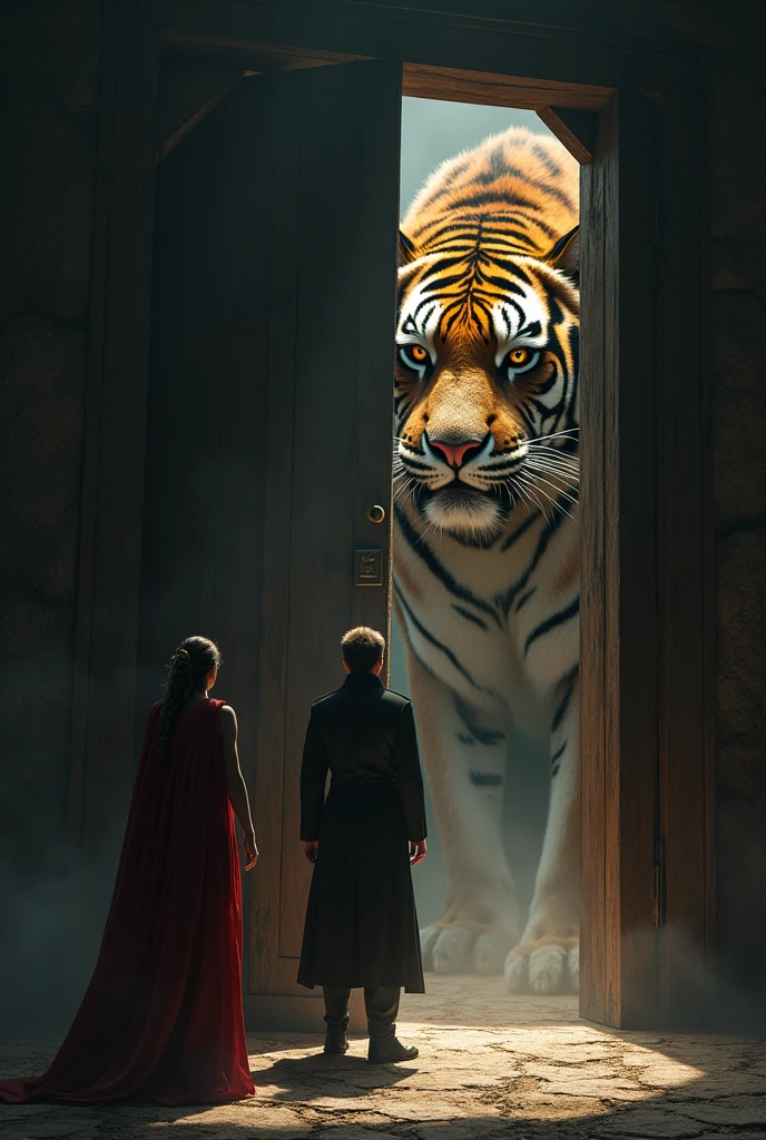 7: Finally, the princess pointed the man to the door that led to the tiger. When the man opened the door, a blinding light illuminated the arena and, from the shadows, the imposing tiger emerged.