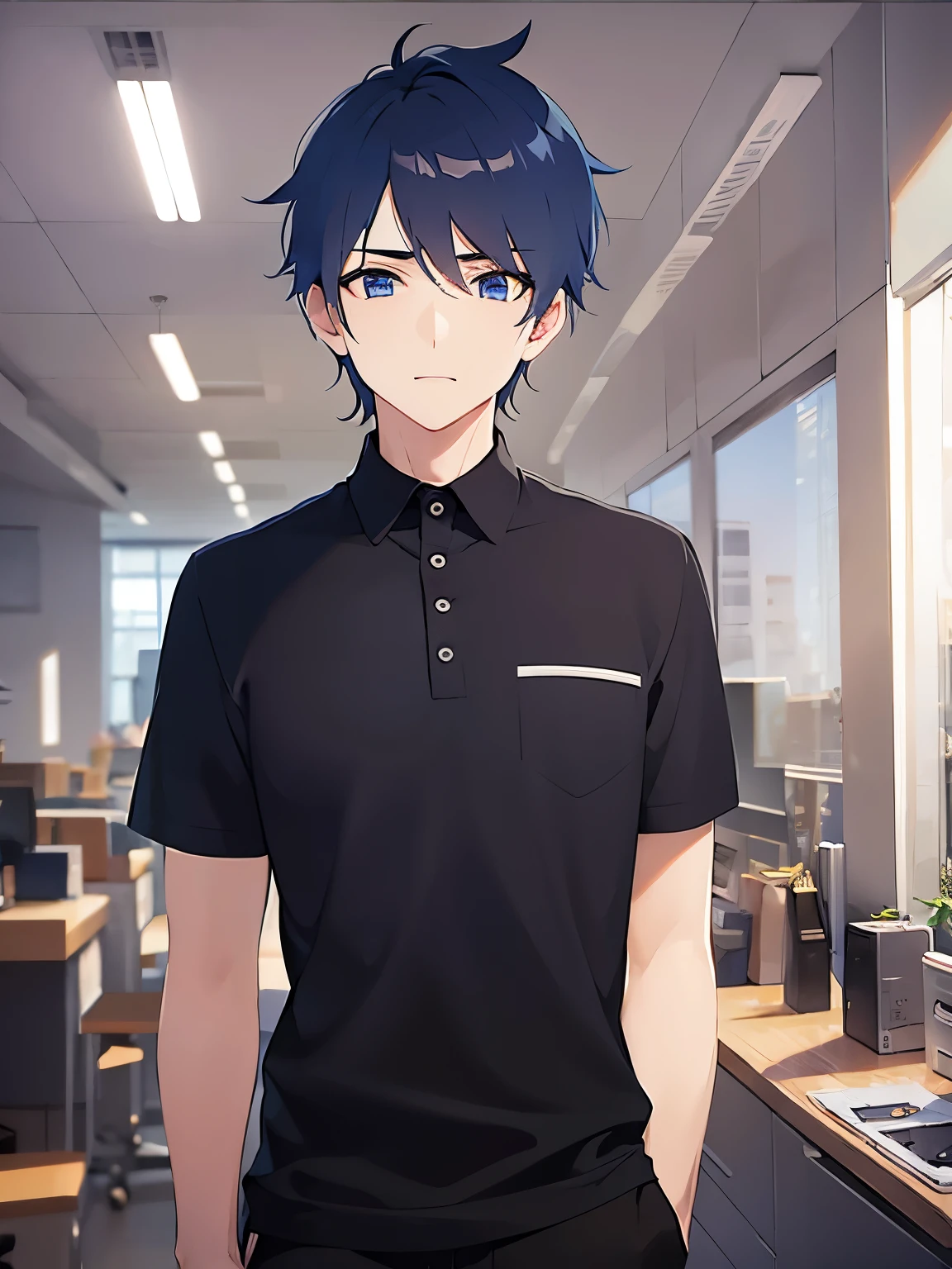 (2 male:1.5) and (Black short hair) and (blue eyes), (hand behind head:1.5),upper body,（looking away:1.5）,
shiny skin, masterpiece、Highest quality、
（Polo shirt with black short-sleeved sleeves：1.5）,
confused,Are standing、
office、（alone:1.5）