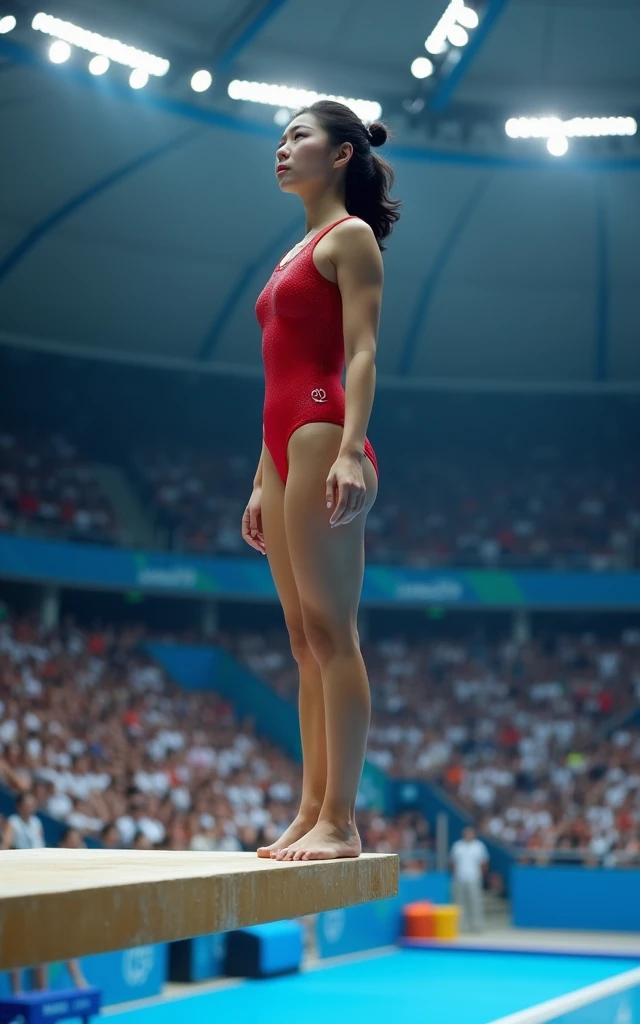 Ultra-high resolution,High-resolution details,Olympic women's diving,Red clothing,(1 Korean beauty,Super beautiful,Super fair skin,White face)full-body shot,Panoramic vistas,Standing on a high diving board,All eyes and ears,Prepare to jump,Olympic indoor venues as background,Full audience,Passionate and intense