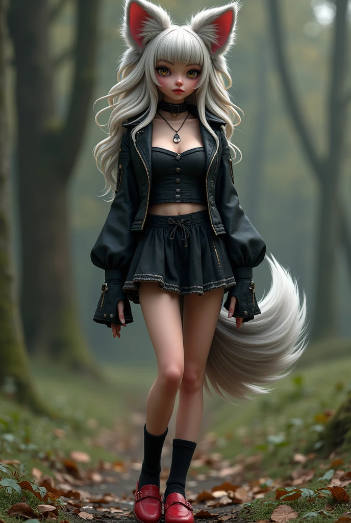 dog、パピヨン擬people化、dog<people、Short and big boobs、で耳はdog耳、Goth mini skirt、The hair is fluffy and long.、Natural waves with blonde on top and gradation to grey on the bottom、She is wearing loose socks and red loafers.、The tail is thick