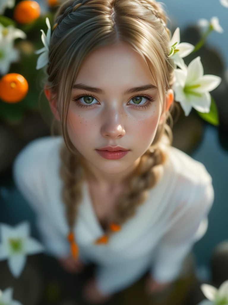 ((masterpiece)), best quality, perfect anatomy, (1girl, solo focus:1.4), pov, looking at viewer, flower trim,(perspective, sideway, From directly above ,lying on water, open hand, palm, :1.3),(Accurate five-fingered hands, Reach out, hand focus, foot focus, Sole, heel, ball of the thumb:1.2), (outdoor, sunlight:1.2),(shiny skin:1.3),(masterpiece, white border, outside border, frame:1.3),(motherhood, aged up, mature female, medium breasts:1.2), (curvy:1.1), (single side braid:1.2), (long hair with queue and braid, disheveled hair, hair scrunchie, tareme:1.2), (light Ivory hair:1.2), looking at viewer, Calm, Slight smile,(anemic, dark, lake, river,puddle, Meadow, rock, stone, moss, cliff, white flower, stalactite, Godray, ruins, ancient, eternal, deep ,mystic background,sunlight,plant,lily,white flowers, Abyss, :1.2), (orange fruits, citrus fruit, citrus fruit bearing tree:1.4), volumetric lighting,good lighting,, masterpiece, best quality, highly detailed,extremely detailed cg unity 8k wallpaper,illustration,((beautiful detailed face)), best quality, (((hyper-detailed ))), high resolution illustration ,high quality, highres, sidelighting, ((illustrationbest)),highres,illustration, absurdres, hyper-detailed, intricate detail, perfect, high detailed eyes,perfect lighting, (extremely detailed CG:1.2)