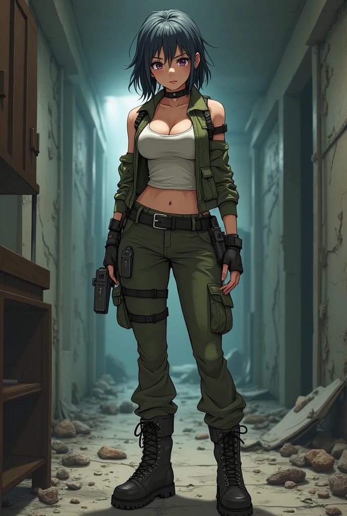 Anime girl with big bust dressed as if she were in a zombie apocalypse in a room