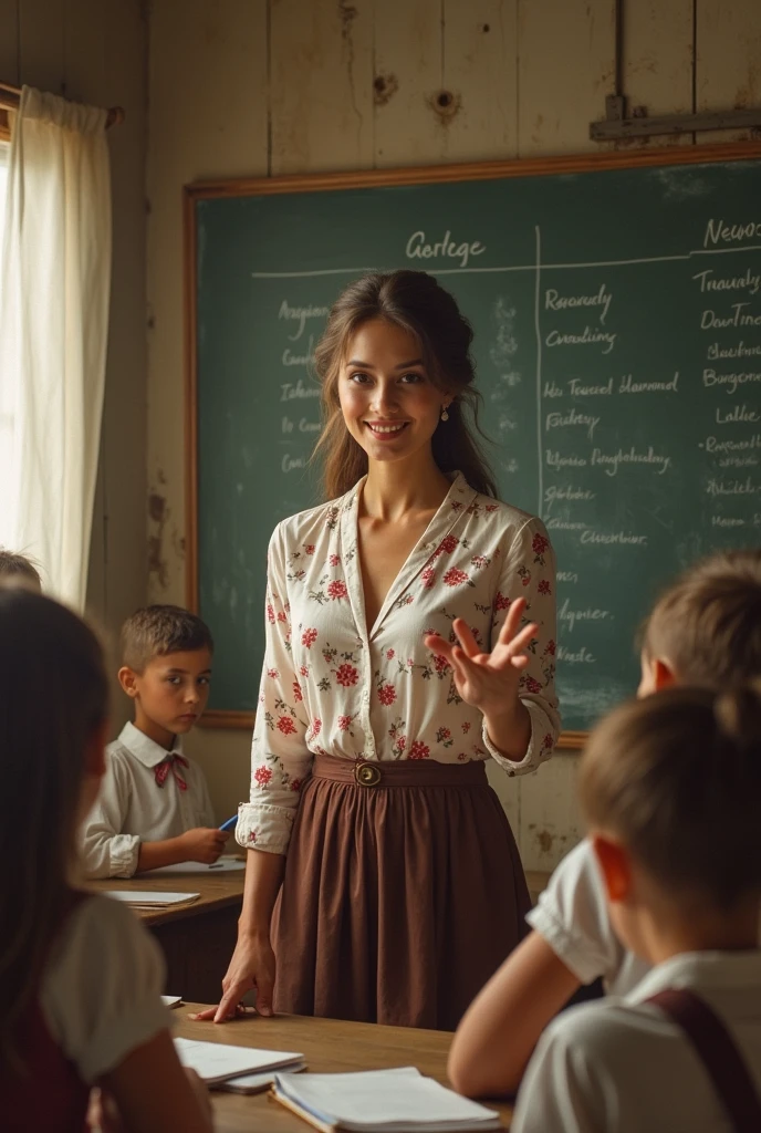 In this enchanting vintage painting, a stunning young woman stands at the forefront of a rustic schoolhouse, where she teaches a group of eager children. Dressed in a lovely floral shirt, she radiates charm and beauty. Her gentle gestures and warm smile make the atmosphere inviting as she stands before the class, explaining the lessons with kindness and dedication. The soft lighting highlights her delicate features and sculpted form, creating an ambiance that is both warm and educational