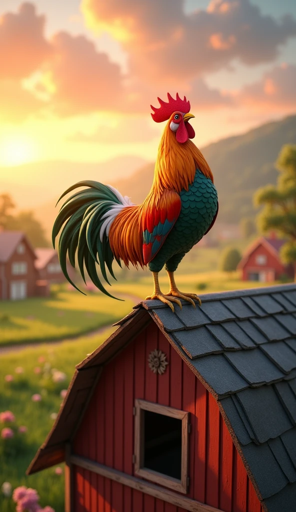 Draw a rooster with orange and green plumage on the roof of a large farm barn. The farm should be picturesque and detailed, with green fields and a sunrise sky with soft orange and pink tones, in a 3D animated style.