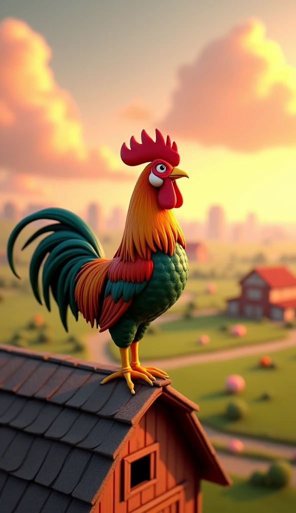 Draw a rooster with orange and green plumage on the roof of a large farm barn. The farm should be picturesque and detailed, with green fields and a sunrise sky with soft orange and pink tones, in a 3D animated style.
