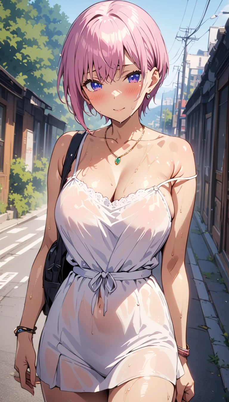 (Highest quality, 4K, 8k, High resolution, masterpiece:1.2), Very detailed, Picturesque, Animated Photography, Photo Animation:1.37)、after the rain、Japanese girl、(Pink Hair)、(Pixie Cut)、wet white camisole dress、strap slip、black strap less bra、wet hair、Earrings、necklace、bracelet、Carry a backpack、white mule、Nakano Ichika
