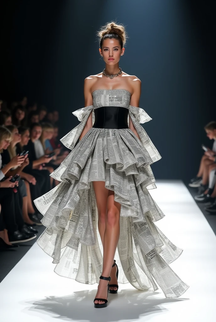 A strikingly elegant supermodel commanding the catwalk, her lithe figure draped in a avant-garde dress meticulously crafted from crisp newspaper pages. The dress, a daring fusion of high fashion and recyclable materials, features a structured corset that emphasizes her hourglass silhouette, cinched at the waist with a bold black belt made from recycled newspaper. The skirt, an ethereal confection of layered pages, flutters dramatically with each confident stride, revealing flashes of her long, toned legs beneath. The intricate design showcases a palette of monochromatic grays, punctuated by the stark contrast of black text and the occasional splash of color from a headline or advertisement. Her arms are adorned with long, fluttering sleeves that extend into delicate paper fringe, fluttering like wings as she moves. The model's hair is swept up in an avant-garde updo, adorned with a newspaper-themed fascinator, while her makeup is kept minimal yet dramatic, with a crimson red lip that pops against the monochromatic backdrop. The runway beneath her is a stark white, allowing the dress to be the unmistakable focal point. The backdrop is a blur of flashing cameras and eager spectators, their faces a mix of awe and intrigue as they witness the eco-chic statement come to life. The lighting casts dramatic shadows across the newspaper fabric, adding depth and dimension to the unique garment. The model's expression is one of poise and confidence, her eyes locked on the horizon as if to say, "This is the future of fashion." The scene is a powerful commentary on sustainability and the ever-evolving landscape of the industry, challenging the status quo with every step she takes.