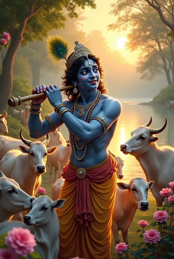 "A captivating scene of Lord Krishna playing the flute. He has a deep blue complexion, adorned with a peacock feather crown and silver ornaments. His serene smile radiates peace. He is standing by a sacred river, surrounded by lush green trees and a garden full of blooming flowers. White cows gather around his feet, while a few Gopis gaze at him in admiration. The warm glow of the setting sun casts a heavenly aura over the entire scene."