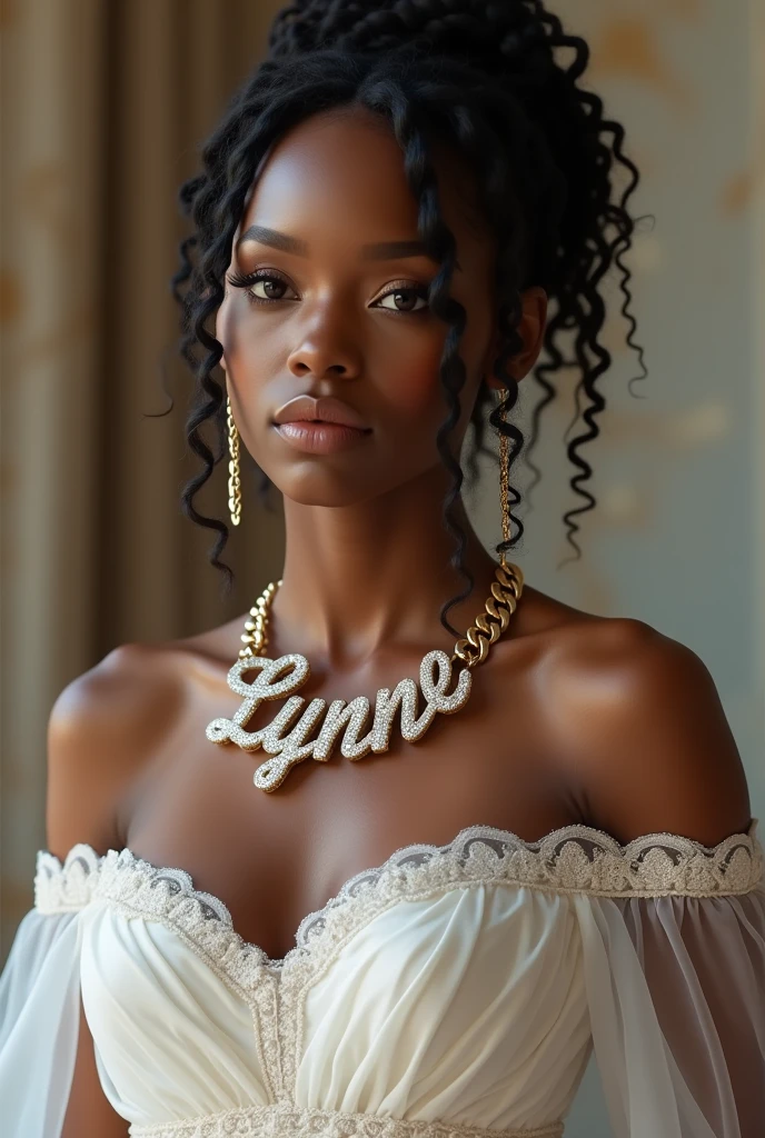 (photorealism:1.2), A realistic beautiful coco brown skin woman, wearing a wedding dress, with a iced out chain with LYNNE words on it