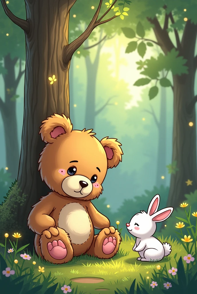 Create a cartoon of a crying teddy bear in the forest, and a white rabbit