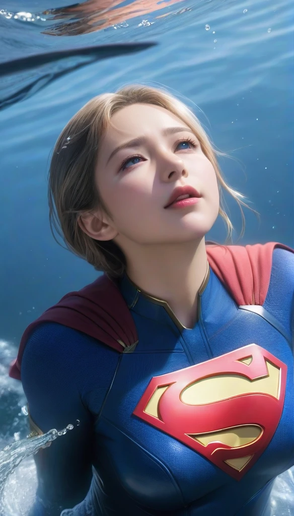 (masterpiece,Highest quality,ultra_detailed,High resolution,absurdists:1.2), Supergirlof costume, A girl in the water、Eyes closed,Supergirl,depth_of_Field,(長さ neck looking up:1.2),bubble,(Raise your hand:1.2),   Complementary Color,Bright Eyes,Strong Rim Light,High resolution、Shortness of breath、Being dragged deep into the ocean