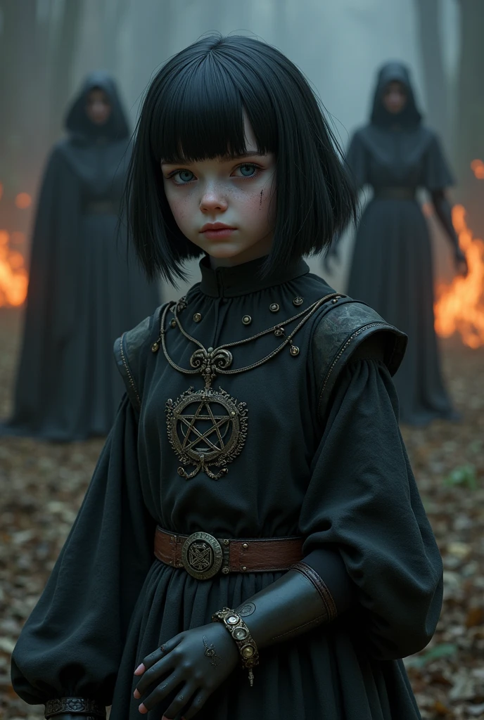 Pale girl with short black hair, from the realistic middle ages, blue eyes dark clothes with prosthetic arm steampunk detailed pentagram, cut on the face, the night, with a religious group with fire behind, detaileds.