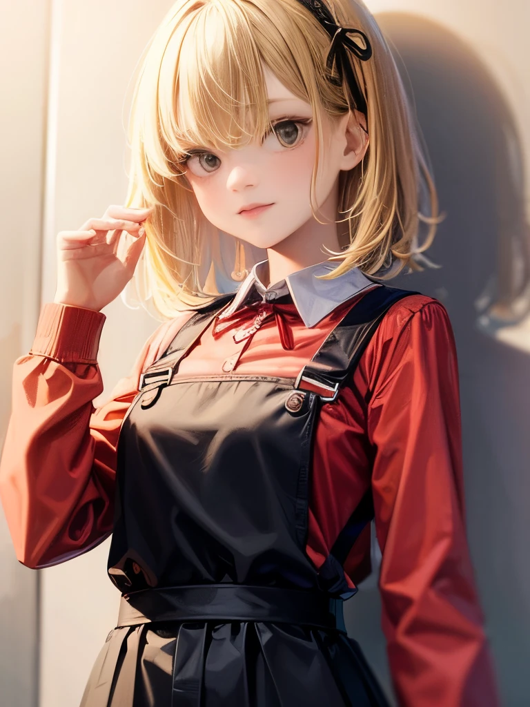Highest quality, candy, masterpiece, One girl, alone, Small breasts, Cowboy Shot, suspenders, Red Shirt, Black Ribbon
