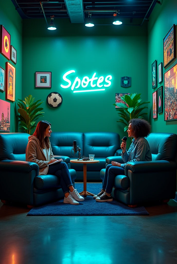 podcast in navy blue and neon green, with 2 padded chairs facing each other and 1 sofa in the back with a table in the middle with microphones. Sports wall decor with sports ornaments