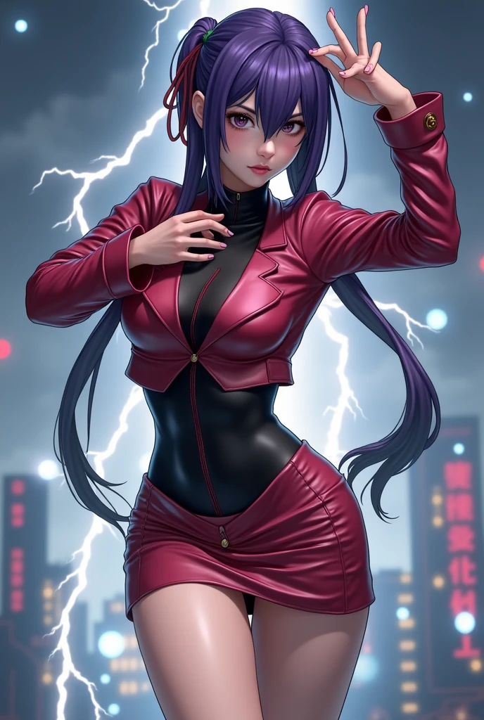 (at night), alone, in a video game scene a background of a beautiful city during the day raining, Standing at attention, purple hair, Lightning behind her, A lightning bolt coming out of his hand ((purple hair)), 1 girl, alone, 20 years, young woman, perfect hands, beautiful and perfect fingers, long beautiful legs, perfect legs, beautiful body, beautiful nose, beautiful character design, perfect face, He looks at the spectator with a serious expression and in a standing position he attacks. (focusing on his face), Closed mouth, light_smile, official art, Extremely detailed CG unity 8k wallpaper, perfect lighting, iluminación frontal brillante y Colorida, shiny skin (masterpiece: 1.0), (better_quality: 1.0), ultra high resolution, 4k, ultra detailed photography, 8k, HdR, High resolution, Disparates: 1.2, Kodak photo 400, film grain, blurred background, bokeh: 1.2, Lens flare, (Vibrant_Color:1.2), Professional photography, (beautiful_face : 1.5), (narrow waist),