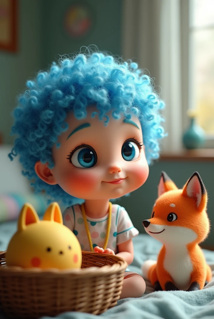 A baby girl with blue curly hair and blue eyes.
Next to an old basket, there is a smiley face inside.
 The orange fox is beautiful.
in a beautiful bed
Style 3D