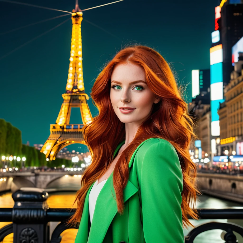 "Create an image of a stunning red-haired model standing confidently in front of a famous tourist destination. The model has long, flowing red hair that catches the light, with expressive green eyes and a radiant smile. She's dressed in a stylish, modern outfit that complements her vibrant hair color. The background showcases a well-known cityscape, such as the Eiffel Tower in Paris or Times Square in New York, bustling with activity and illuminated by city lights. The scene should have a lively, energetic atmosphere, highlighting the contrast between the model's beauty and the iconic urban setting."

