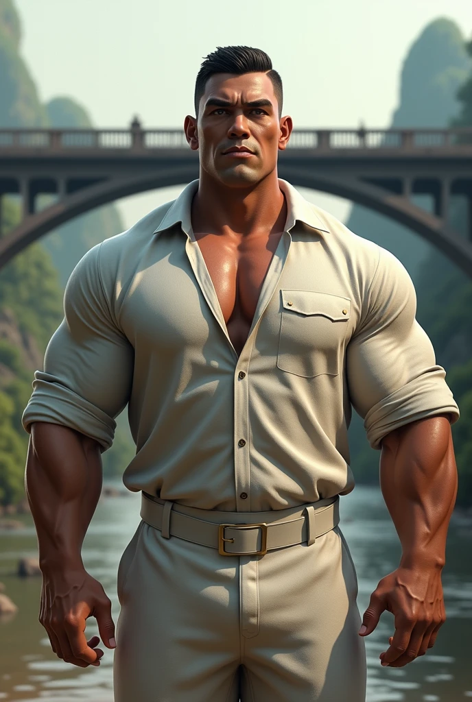 man,Diamond face shape,Have muscles,black short hair,Big white shirt,trousers,Standing in front of the bridge over the River Kwai